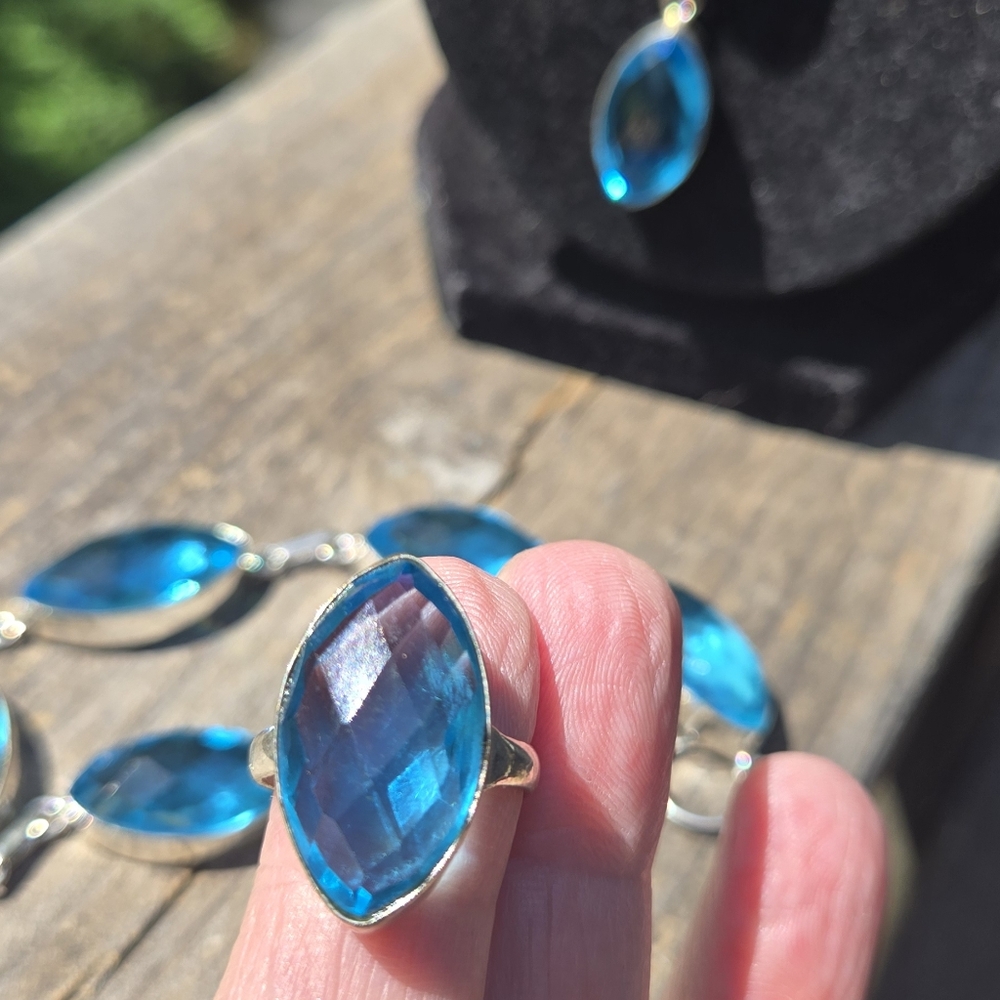 Blue Topaz Teardrop Beveled Necklace 18" Bracelet 10" Ring 4.5 Earring SET - Picture 5 of 11
